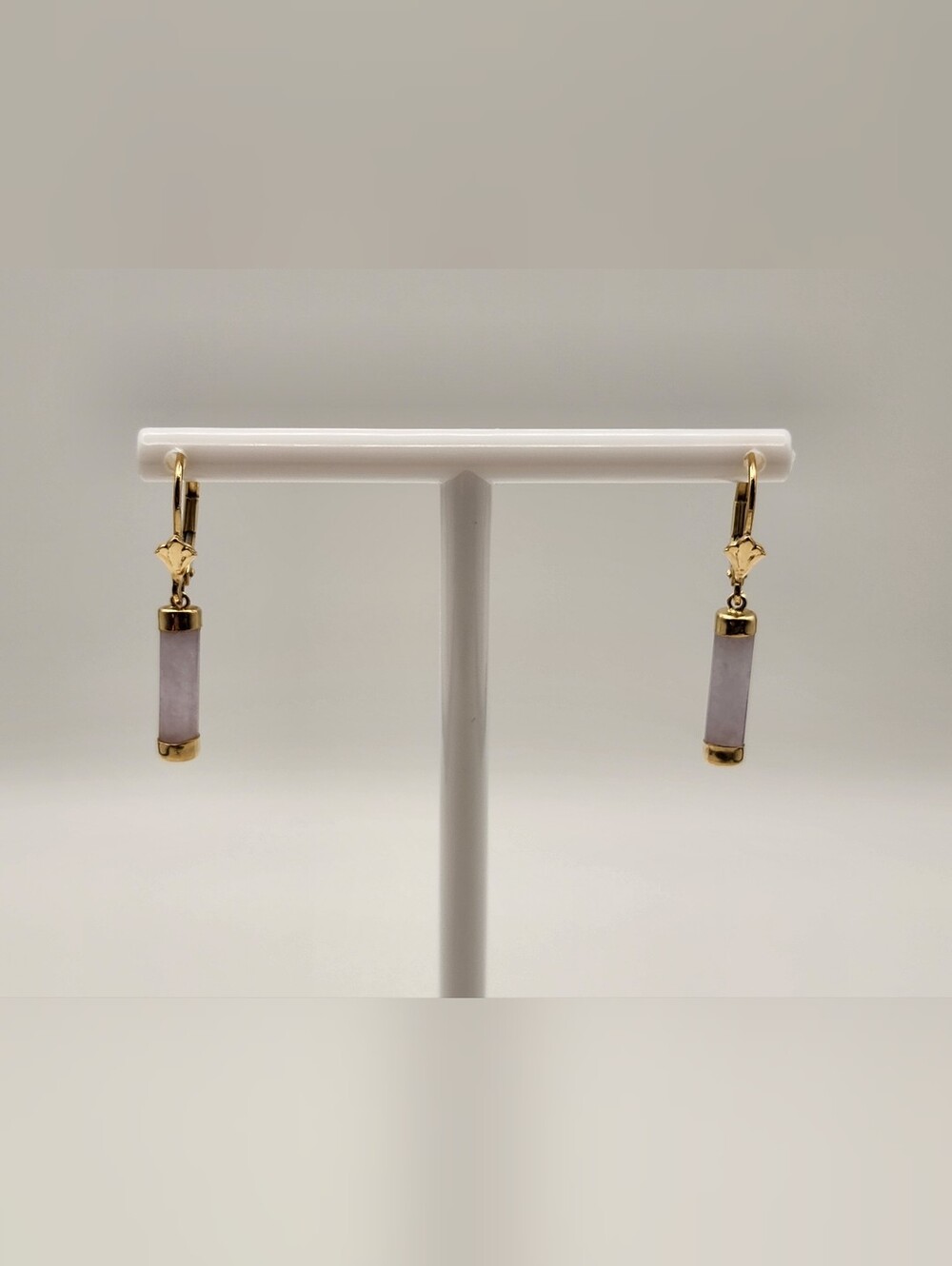 14K Yellow Gold Genuine White Jade Bar Drop Leverback Earrings 1g
